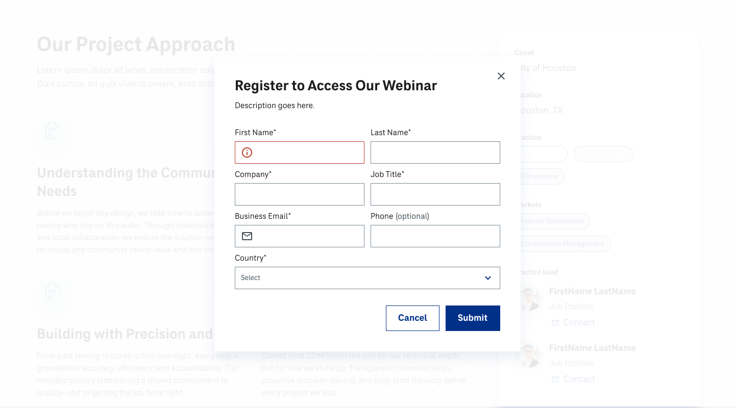 CDM Smith Project Detail page with modal overlay for registration and project specifics